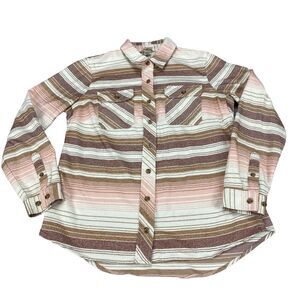 Duluth Shirt Womens Medium White Striped Cotton Long Sleeve Collared Button Down